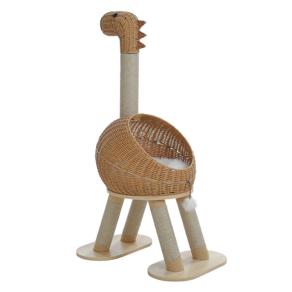 Torre de árbol para gatos Dinosaurio con rascador de sisal, condominio grande de mimbre para gatos, cama de mimbre para gatos con alfombrilla extraíble, juguetes para gatos