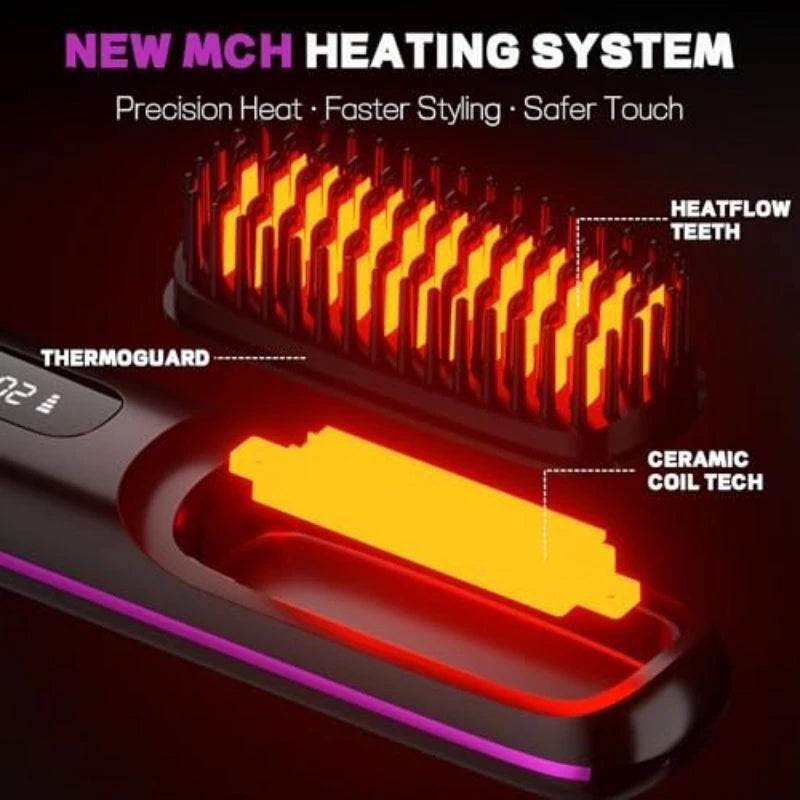 Sunny Hair: Upgrade Portable Straightener Brushs for Travel with LCD Temperature Display Fast Heating Cordless Mini Hair Brushs for Women
