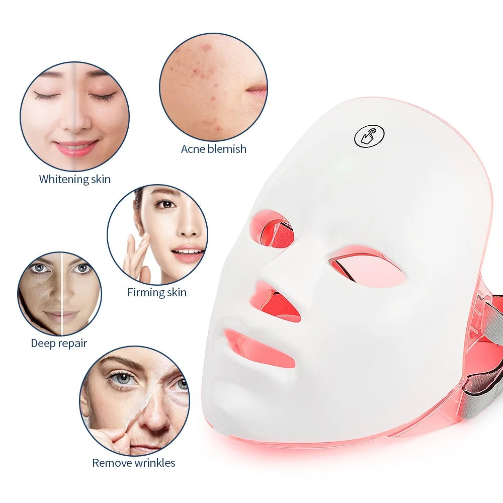 Mascarilla LED Facial Recargable de 7 Colores Máscara de Belleza con Fotones LED Rejuvenecimiento de la Piel Lifting Facial en Casa Blanqueamiento Cuidado de la Piel Máscara de Belleza
