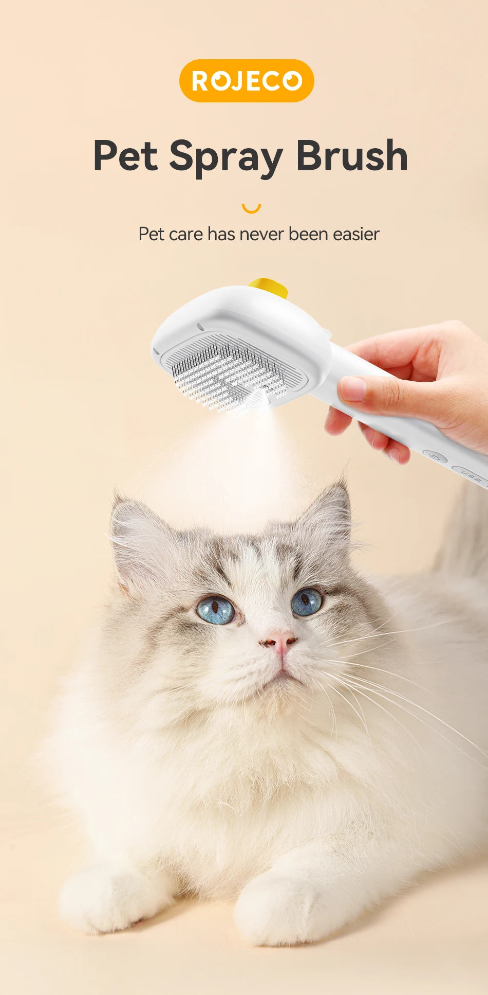 Cepillo de vapor eléctrico ROJECO para mascotas, cepillo pulverizador para perros y gatos, peine para eliminar el pelo de mascotas, herramienta de aseo para mascotas, cepillo de niebla de agua removedor de pelo