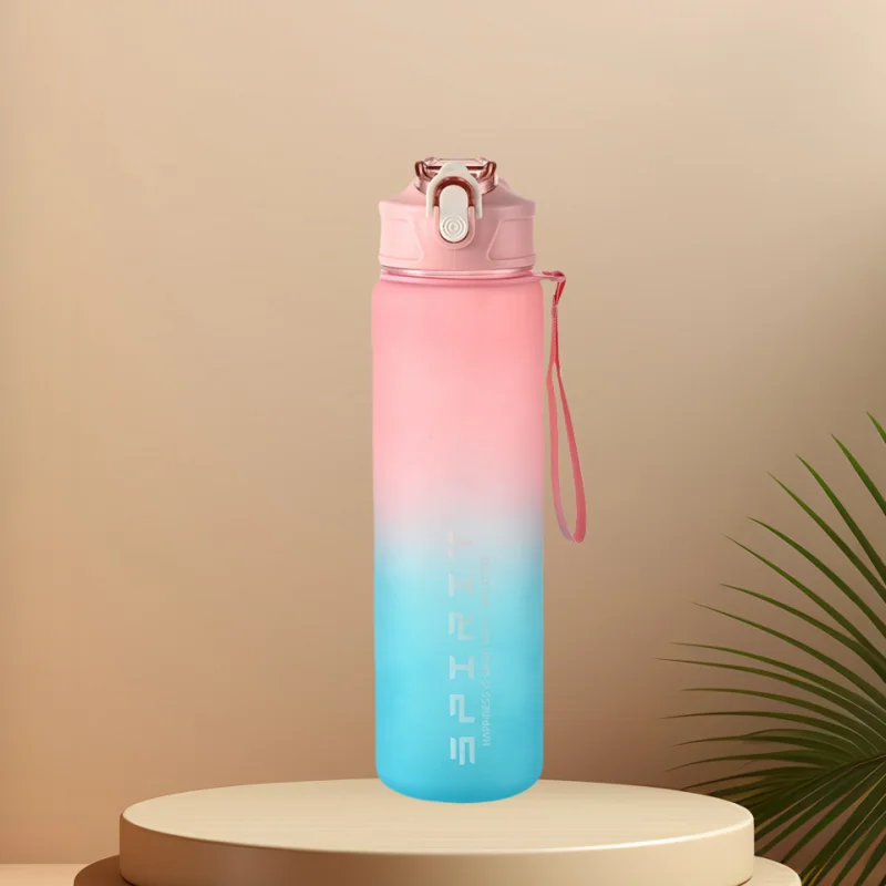 Botella de agua deportiva con pajita marcadora de tiempo, tapa abatible con cierre a prueba de fugas para fácil transporte, ideal para aventuras al aire libre