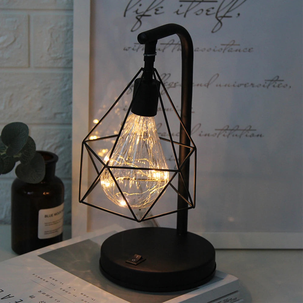 Retro Iron Art LED Night Light Geometric Desk Lighting Bedside Lamp Classic Iron Home Living Room Coffee Bar Decor Ambience Lamp