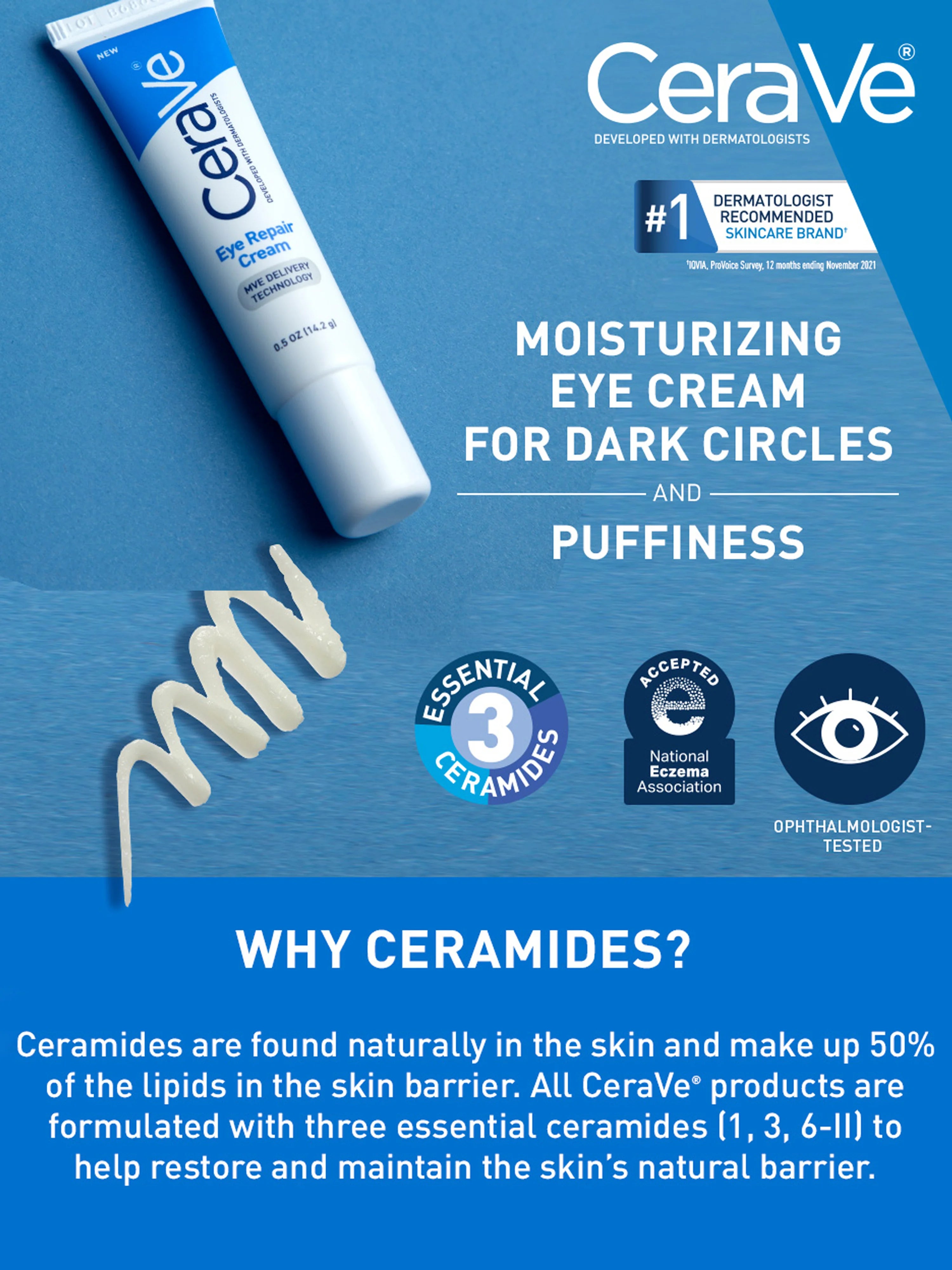 CeraVe Crema Reparadora para Ojos Hidratante para el Contorno de Ojos con Ácido Hialurónico, Niacinamida, Complejo Botánico Marino, Cuidado Diario de la Piel