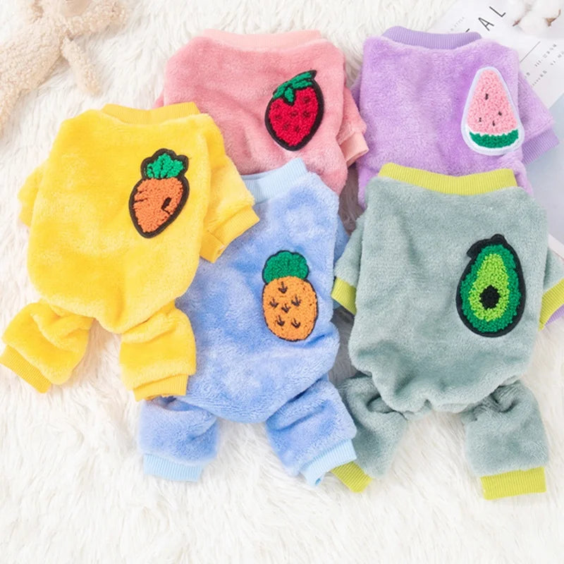 Monos de perro de moda, pijamas cálidos de felpa de invierno para perros, ropa de cuatro patas para cachorros, monos con estampado de frutas para gatos, ropa para perros chihuahua