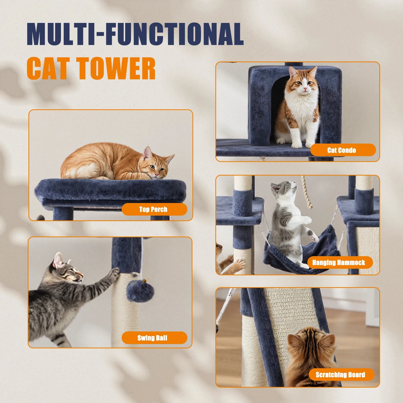 JHK 63In Árbol para Gatos Alto Torre de Escalada para Varios Gatos Muebles para Mascotas Rascadores de Sisal Natural Casa Estable para Gatos de Interior