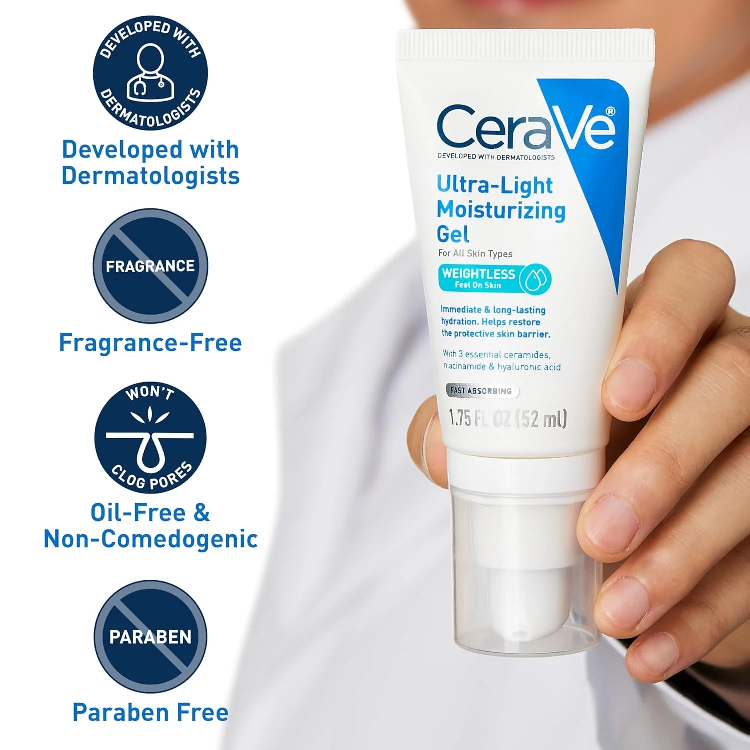 CeraVe Gel Hidratante Facial Ultraligero con Ceramidas Niacinamida Ácido Hialurónico Sin Aceite Sin Fragancia 1.75 FL Oz