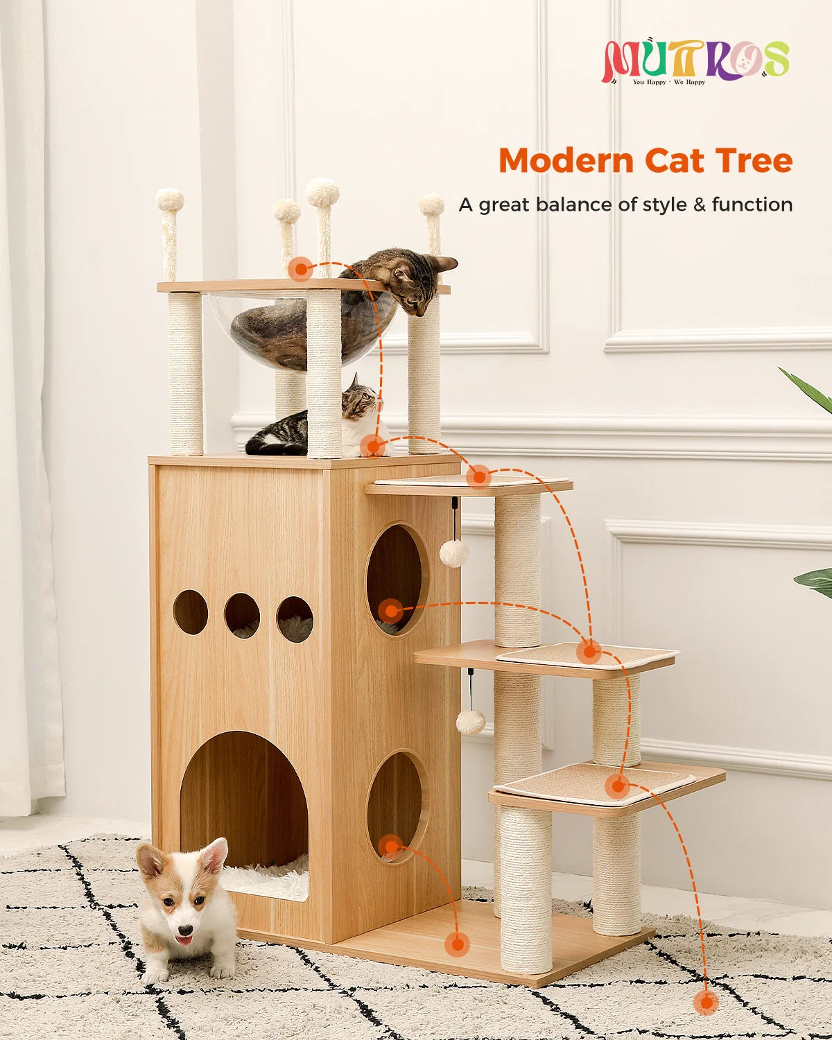 Árbol para Gatos de Varios Niveles, Torre de Madera para Gatos de Interior con Rascadores, Amplio Condominio, Hamaca, Plataforma Superior y Rascador para Gatos, Juguetes para Gatos