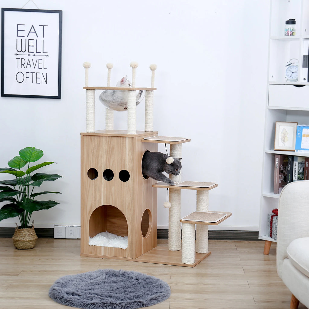 Árbol para Gatos de Varios Niveles, Torre de Madera para Gatos de Interior con Rascadores, Amplio Condominio, Hamaca, Plataforma Superior y Rascador para Gatos, Juguetes para Gatos