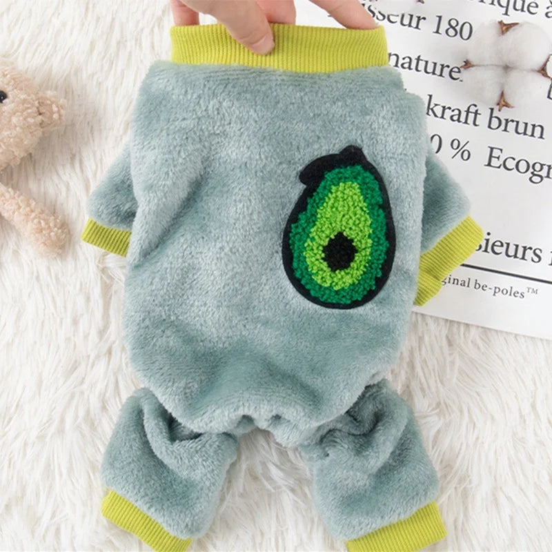Monos de perro de moda, pijamas cálidos de felpa de invierno para perros, ropa de cuatro patas para cachorros, monos con estampado de frutas para gatos, ropa para perros chihuahua