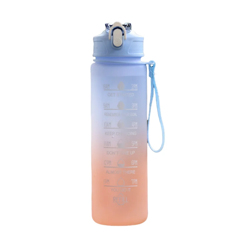Botella de agua deportiva con pajita marcadora de tiempo, tapa abatible con cierre a prueba de fugas para fácil transporte, ideal para aventuras al aire libre