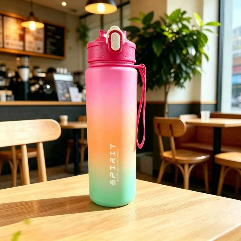 Botella de agua deportiva con pajita marcadora de tiempo, tapa abatible con cierre a prueba de fugas para fácil transporte, ideal para aventuras al aire libre