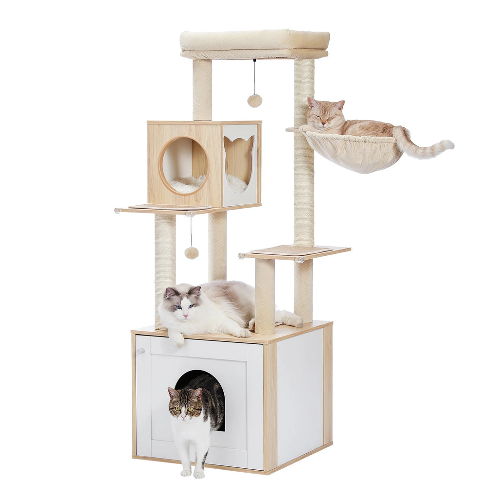 Árbol para Gatos de Varios Niveles, Torre de Madera para Gatos de Interior con Rascadores, Amplio Condominio, Hamaca, Plataforma Superior y Rascador para Gatos, Juguetes para Gatos