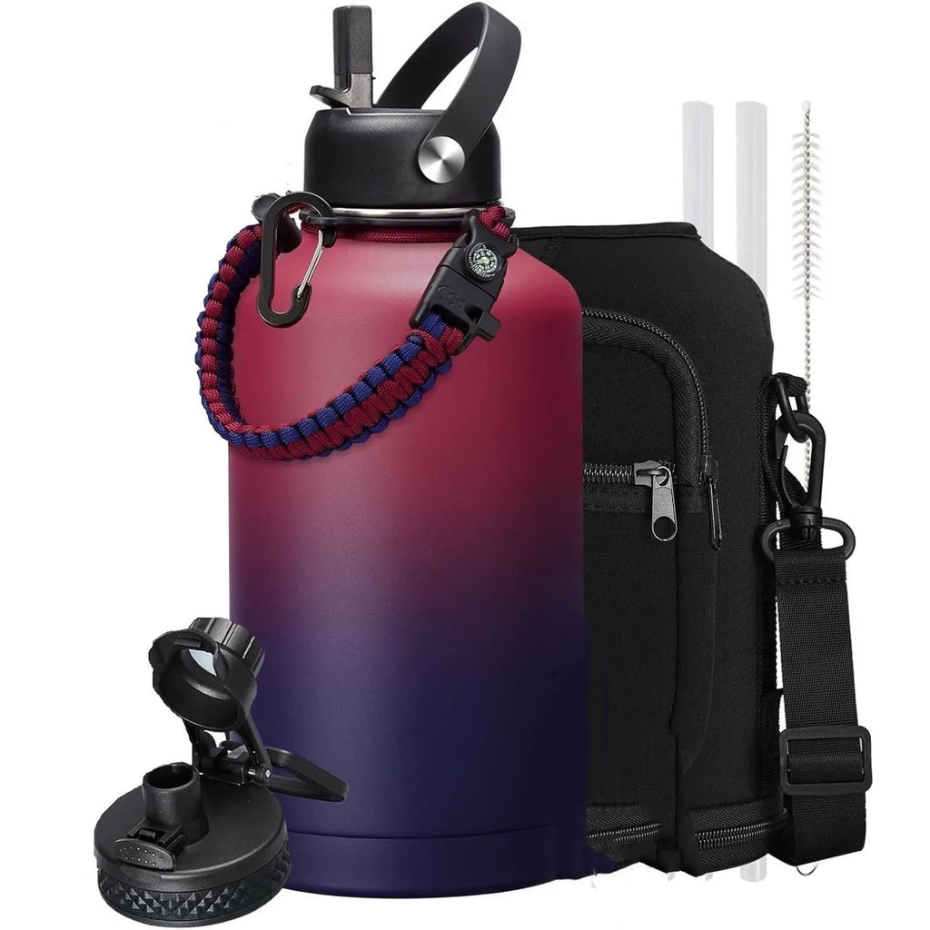 Juego de botella de agua al vacío grande de acero para deportes 64oz 2L Botella al vacío con aislamiento de doble pared con bolsa