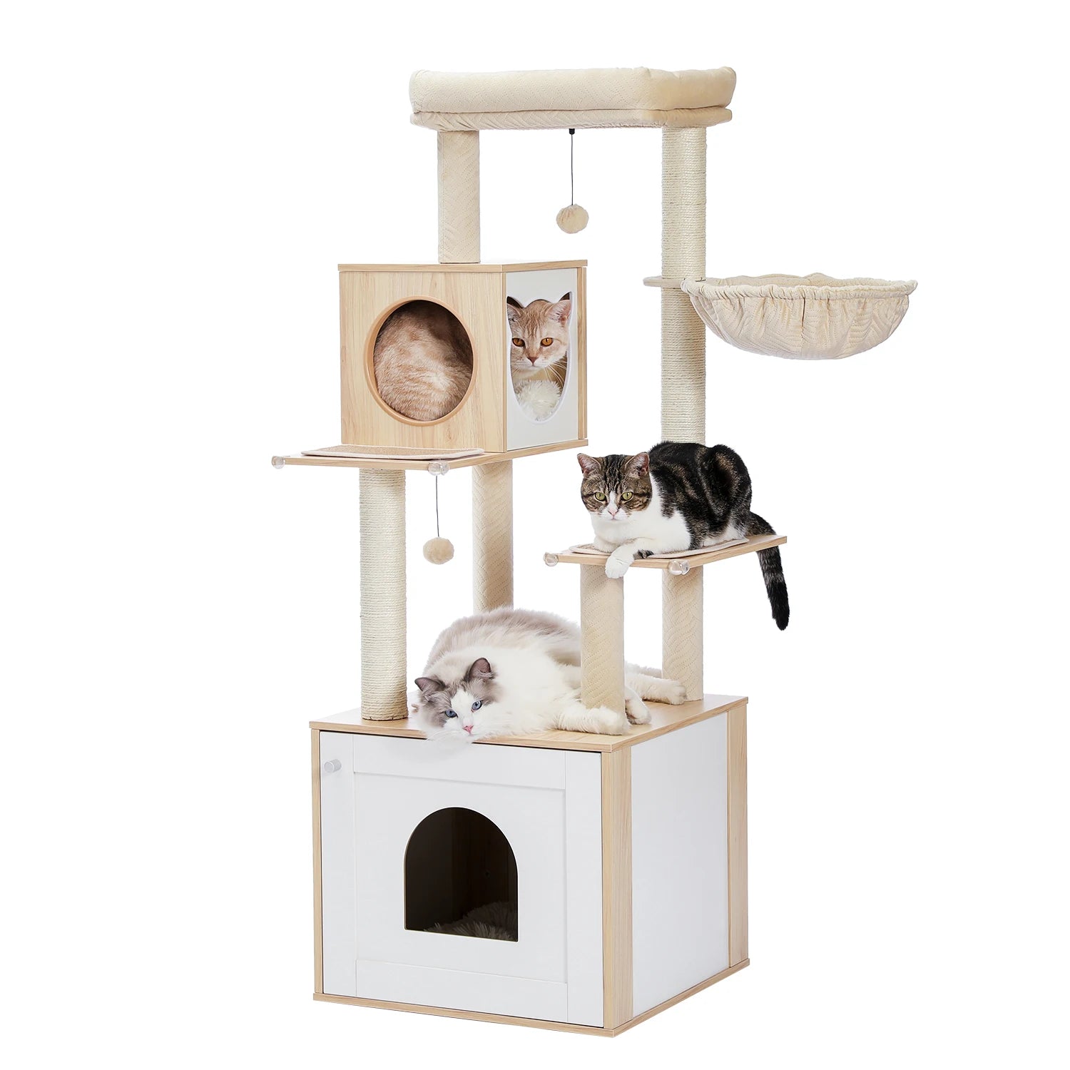 Árbol para Gatos de Varios Niveles, Torre de Madera para Gatos de Interior con Rascadores, Amplio Condominio, Hamaca, Plataforma Superior y Rascador para Gatos, Juguetes para Gatos