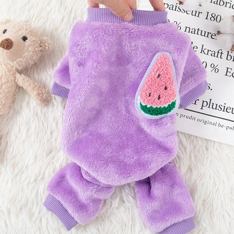 Monos de perro de moda, pijamas cálidos de felpa de invierno para perros, ropa de cuatro patas para cachorros, monos con estampado de frutas para gatos, ropa para perros chihuahua