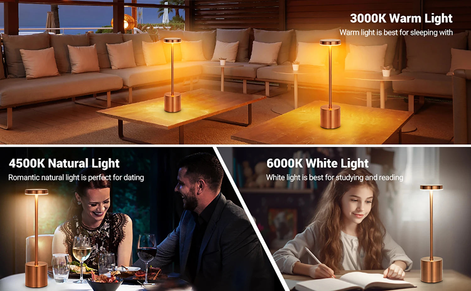 Lámpara de mesa clásica, luz nocturna recargable por USB, 3 colores, regulable, táctil, lámpara de escritorio, lámpara de mesita de noche, cafetería, club