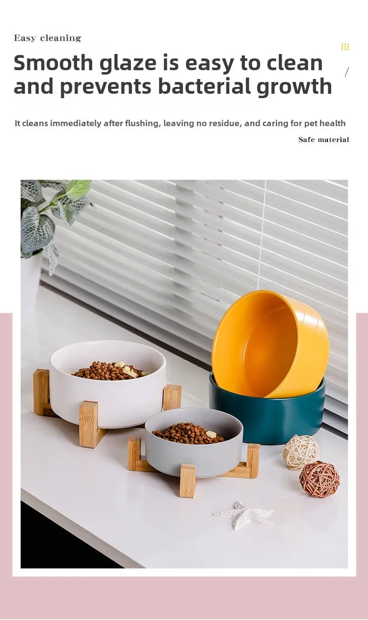 Plato de cerámica para mascotas con soporte de madera, tazón doble de cerámica sin derrames para perros y gatos, comedero de agua, para gatos y perros pequeños