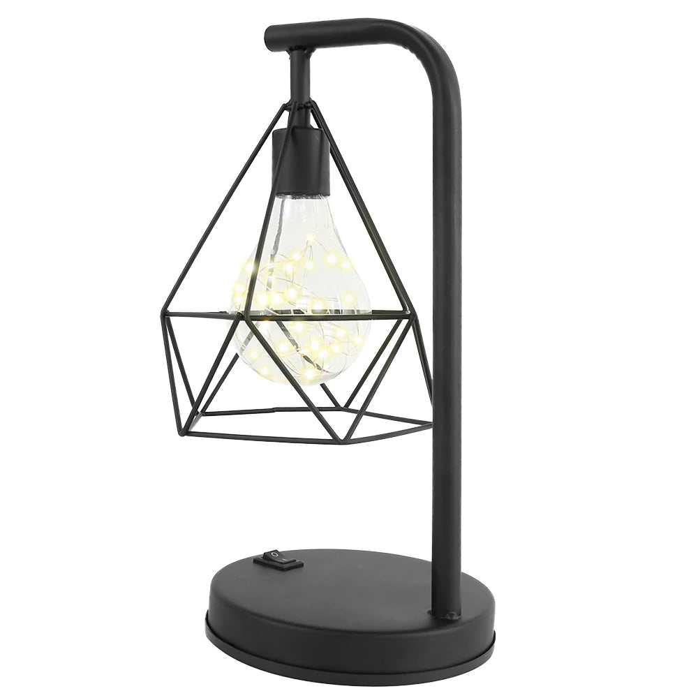 Retro Iron Art LED Night Light Geometric Desk Lighting Bedside Lamp Classic Iron Home Living Room Coffee Bar Decor Ambience Lamp