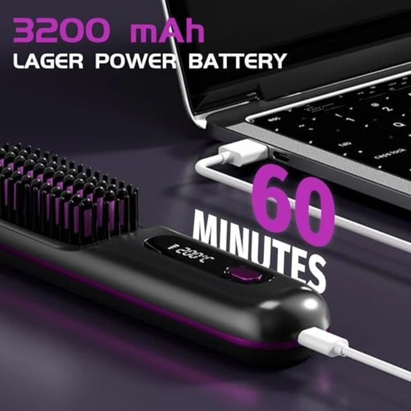 Sunny Hair: Upgrade Portable Straightener Brushs for Travel with LCD Temperature Display Fast Heating Cordless Mini Hair Brushs for Women