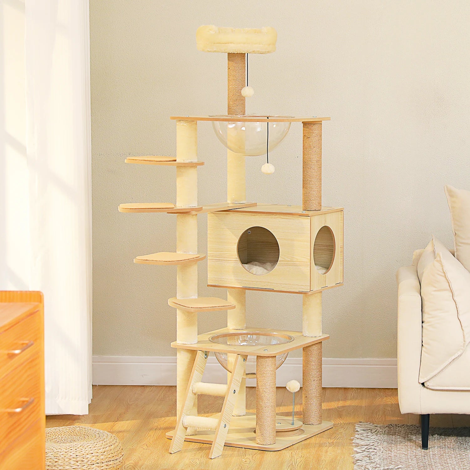 Árbol para Gatos de Varios Niveles, Torre de Madera para Gatos de Interior con Rascadores, Amplio Condominio, Hamaca, Plataforma Superior y Rascador para Gatos, Juguetes para Gatos