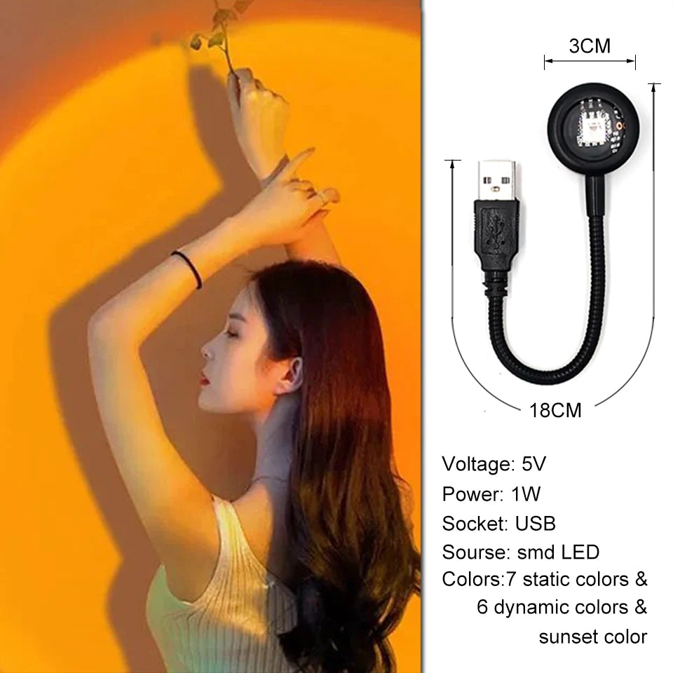 Lámpara de proyección USB de atardecer, luz nocturna de ambiente arcoíris, luz de atardecer para fotografía, selfis, cafeterías, decoración de paredes en vivo