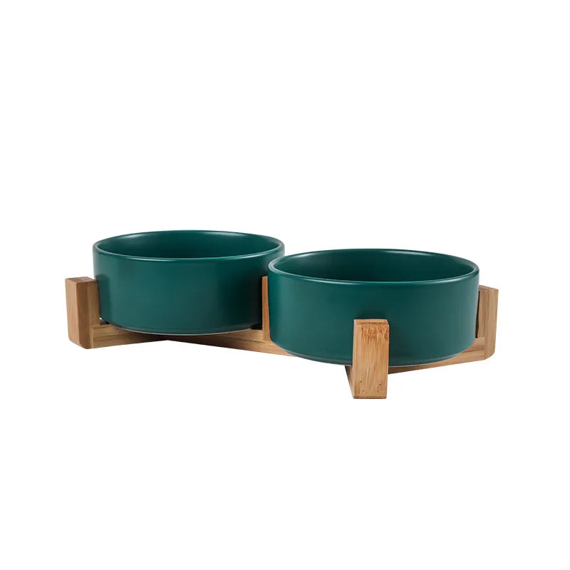 Plato de cerámica para mascotas con soporte de madera, tazón doble de cerámica sin derrames para perros y gatos, comedero de agua, para gatos y perros pequeños