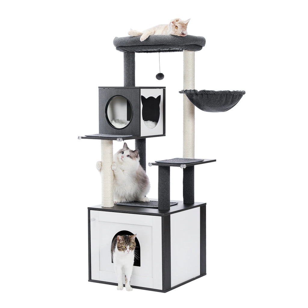 Árbol para Gatos de Varios Niveles, Torre de Madera para Gatos de Interior con Rascadores, Amplio Condominio, Hamaca, Plataforma Superior y Rascador para Gatos, Juguetes para Gatos