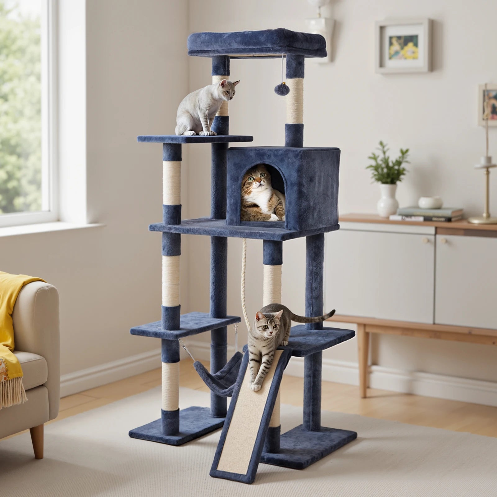 JHK 63In Árbol para Gatos Alto Torre de Escalada para Varios Gatos Muebles para Mascotas Rascadores de Sisal Natural Casa Estable para Gatos de Interior