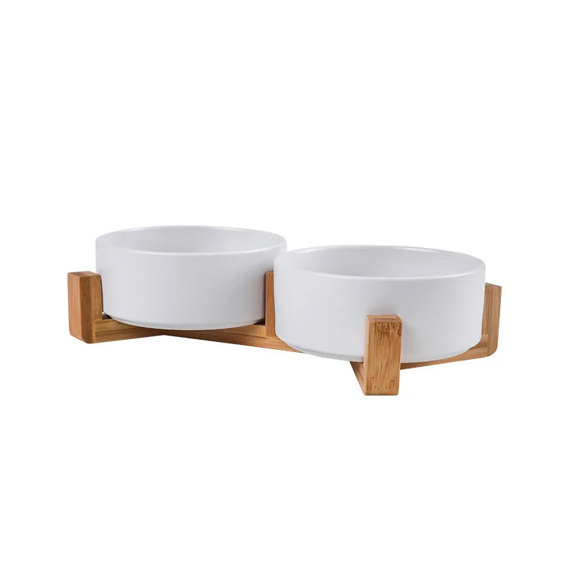 Plato de cerámica para mascotas con soporte de madera, tazón doble de cerámica sin derrames para perros y gatos, comedero de agua, para gatos y perros pequeños