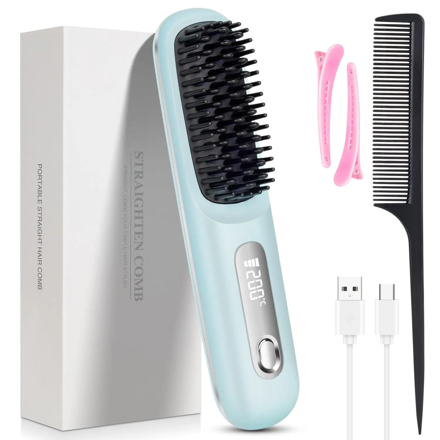 Sunny Hair: Upgrade Portable Straightener Brushs for Travel with LCD Temperature Display Fast Heating Cordless Mini Hair Brushs for Women