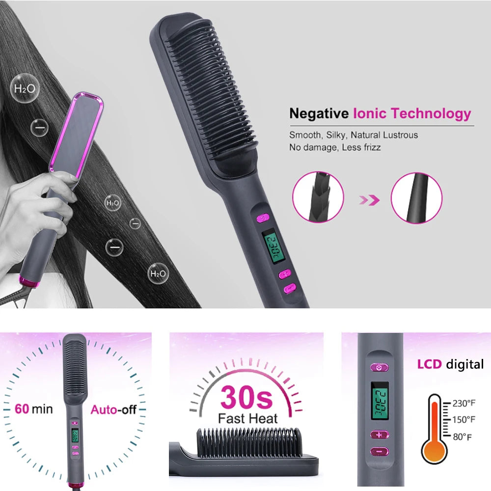 Sunny Hair: Peine caliente eléctrico, peine alisador multifuncional para cabello liso, herramienta de peinado anti-escaldado con iones negativos, cepillo alisador