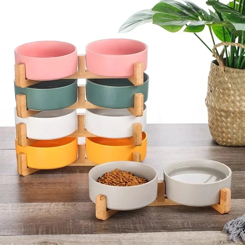 Plato de cerámica para mascotas con soporte de madera, tazón doble de cerámica sin derrames para perros y gatos, comedero de agua, para gatos y perros pequeños