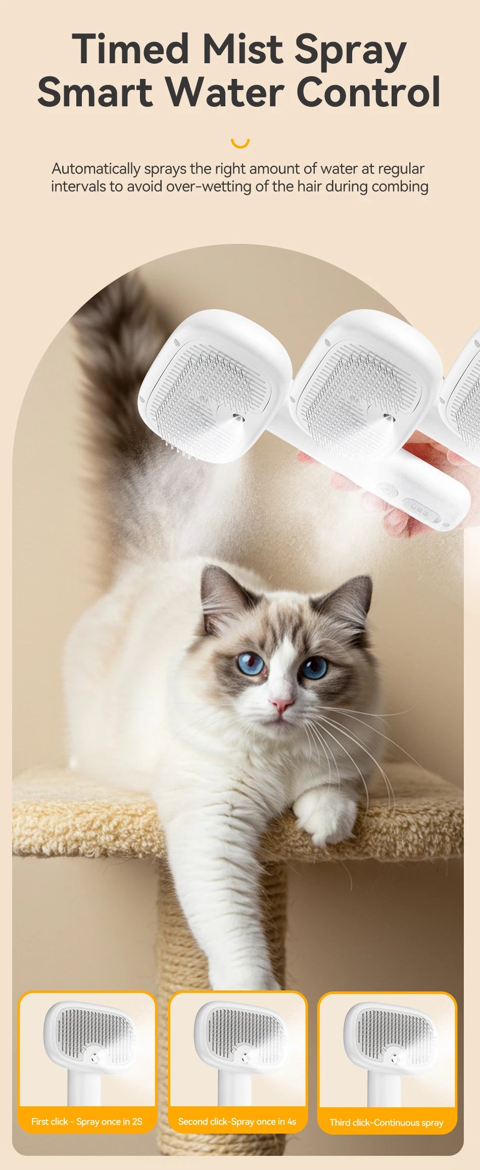 Cepillo de vapor eléctrico ROJECO para mascotas, cepillo pulverizador para perros y gatos, peine para eliminar el pelo de mascotas, herramienta de aseo para mascotas, cepillo de niebla de agua removedor de pelo