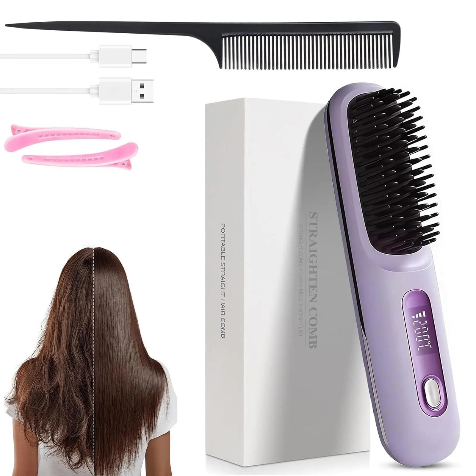 Sunny Hair: Upgrade Portable Straightener Brushs for Travel with LCD Temperature Display Fast Heating Cordless Mini Hair Brushs for Women