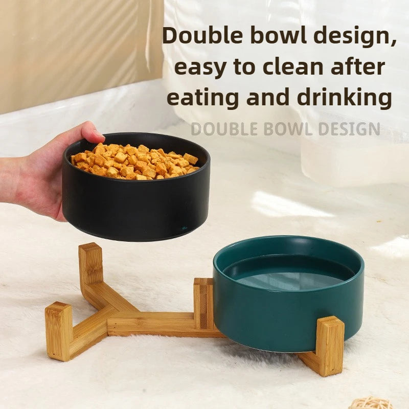 Plato de cerámica para mascotas con soporte de madera, tazón doble de cerámica sin derrames para perros y gatos, comedero de agua, para gatos y perros pequeños