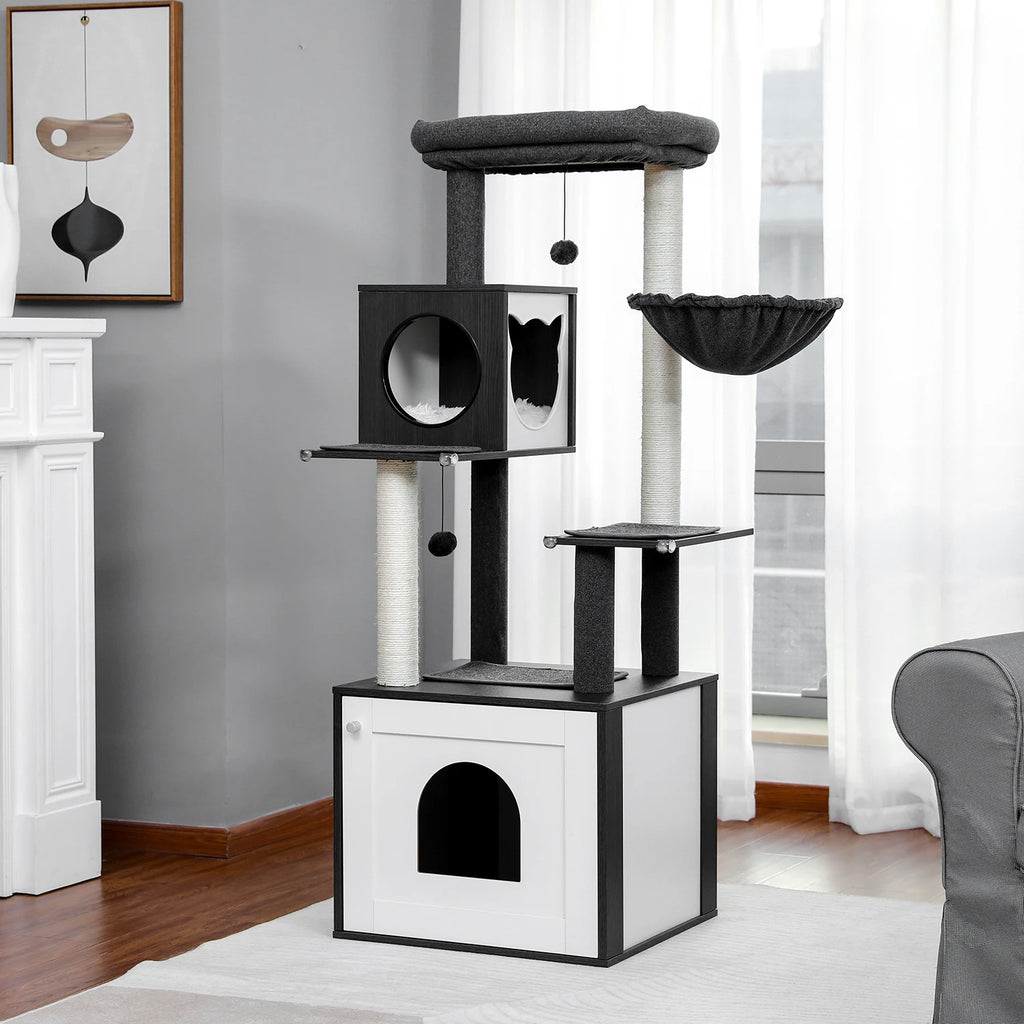 Árbol para Gatos de Varios Niveles, Torre de Madera para Gatos de Interior con Rascadores, Amplio Condominio, Hamaca, Plataforma Superior y Rascador para Gatos, Juguetes para Gatos