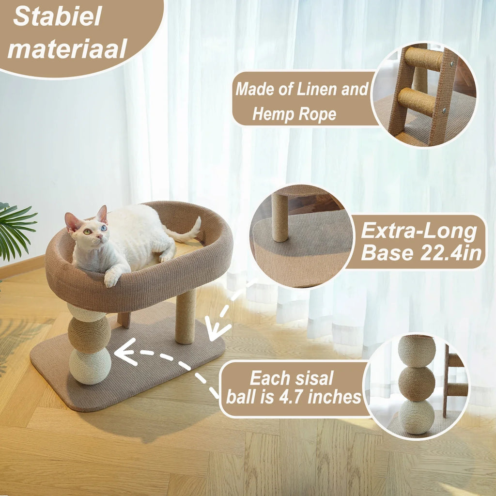 Rascador de Gatos Pequeño y Bonito, Adecuado para Gatos y Gatitos de Interior, Tabla Rascadora de Sisal con Hábitat de Cama de Peluche y Escalera Auxiliar para Trepar