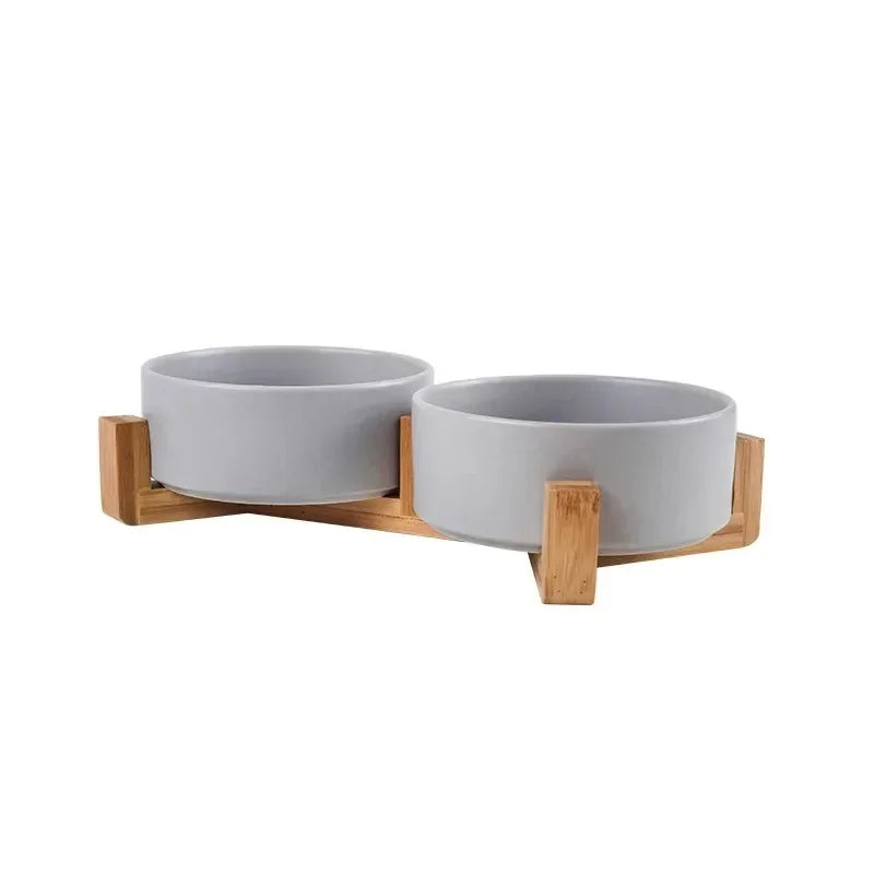 Plato de cerámica para mascotas con soporte de madera, tazón doble de cerámica sin derrames para perros y gatos, comedero de agua, para gatos y perros pequeños