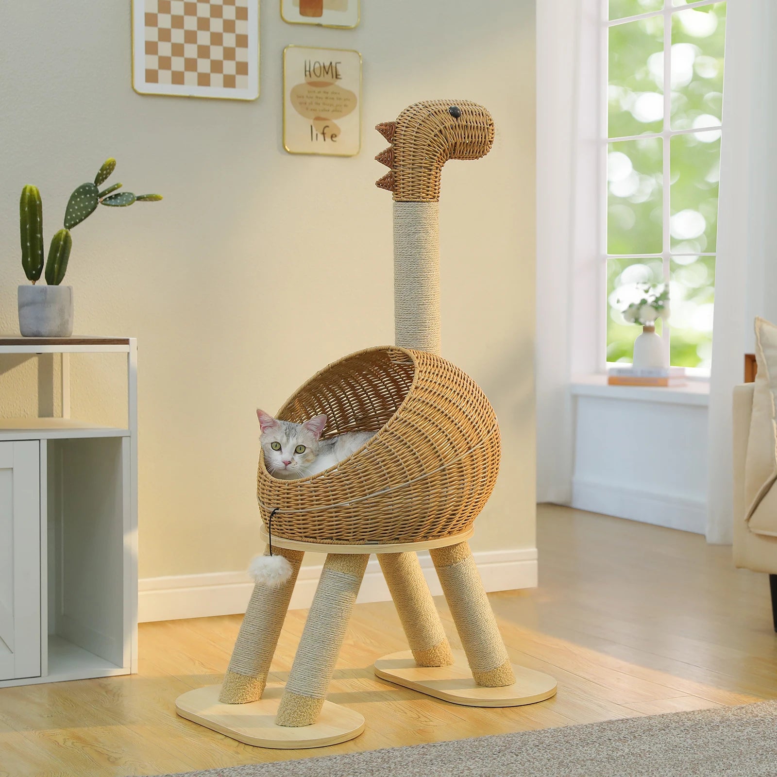 Torre de árbol para gatos Dinosaurio con rascador de sisal, condominio grande de mimbre para gatos, cama de mimbre para gatos con alfombrilla extraíble, juguetes para gatos