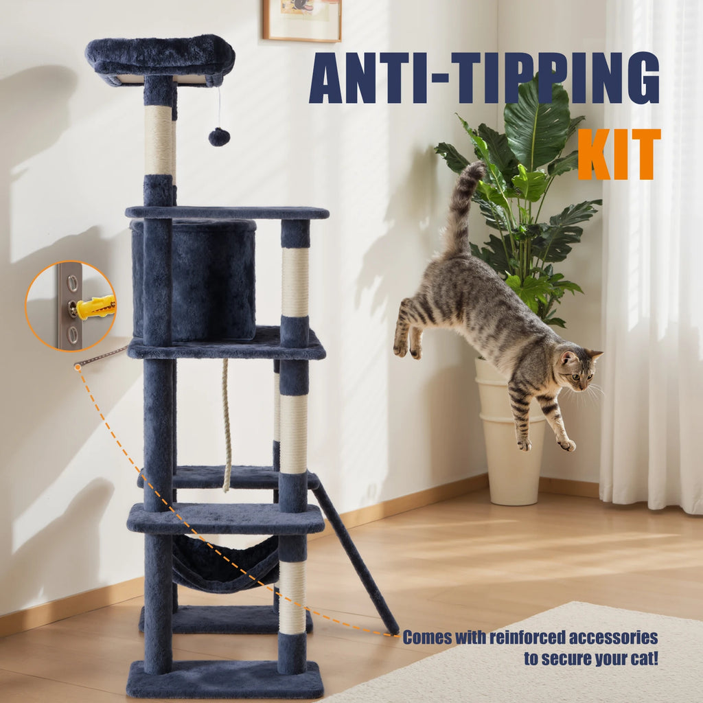 JHK 63In Árbol para Gatos Alto Torre de Escalada para Varios Gatos Muebles para Mascotas Rascadores de Sisal Natural Casa Estable para Gatos de Interior