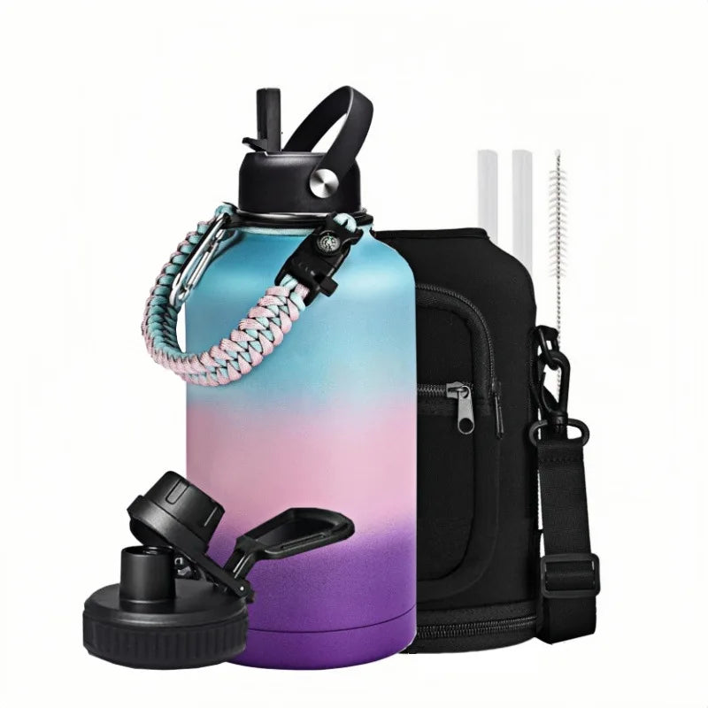 Juego de botella de agua al vacío grande de acero para deportes 64oz 2L Botella al vacío con aislamiento de doble pared con bolsa