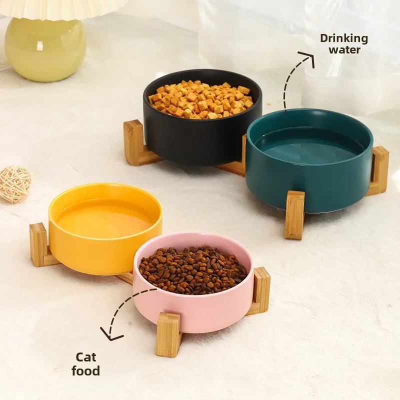 Plato de cerámica para mascotas con soporte de madera, tazón doble de cerámica sin derrames para perros y gatos, comedero de agua, para gatos y perros pequeños