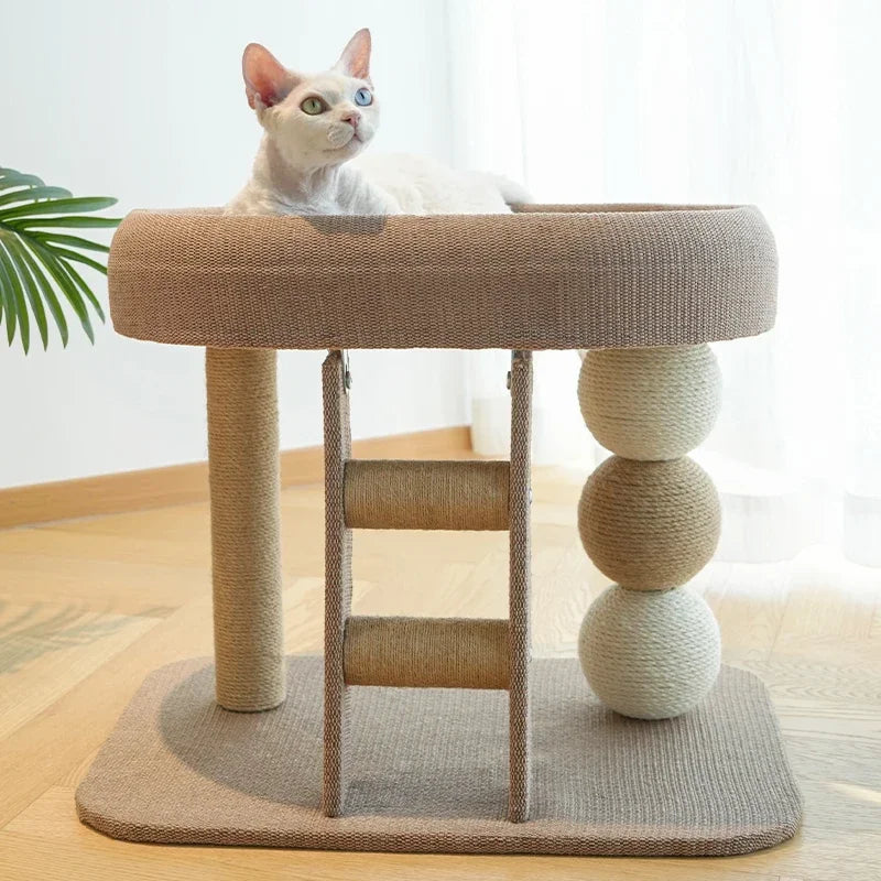 Rascador de Gatos Pequeño y Bonito, Adecuado para Gatos y Gatitos de Interior, Tabla Rascadora de Sisal con Hábitat de Cama de Peluche y Escalera Auxiliar para Trepar