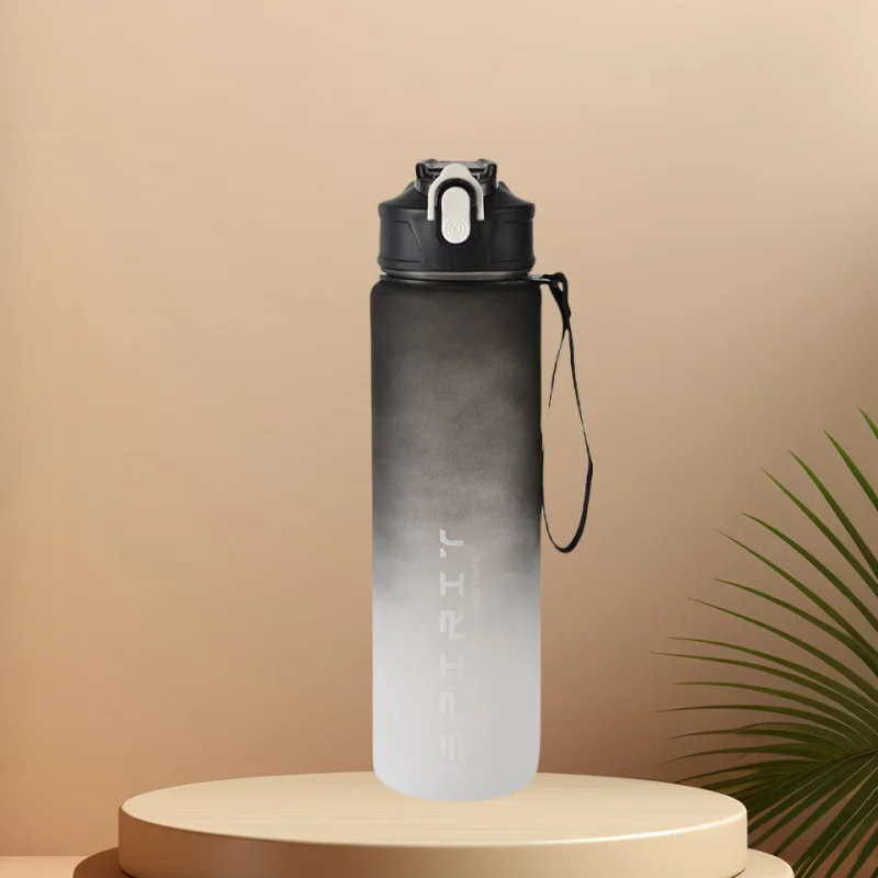 Botella de agua deportiva con pajita marcadora de tiempo, tapa abatible con cierre a prueba de fugas para fácil transporte, ideal para aventuras al aire libre