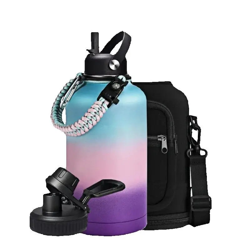 Juego de botella de agua deportiva de acero grande de 64 oz (2 L), termo de doble pared con aislamiento y bolsa