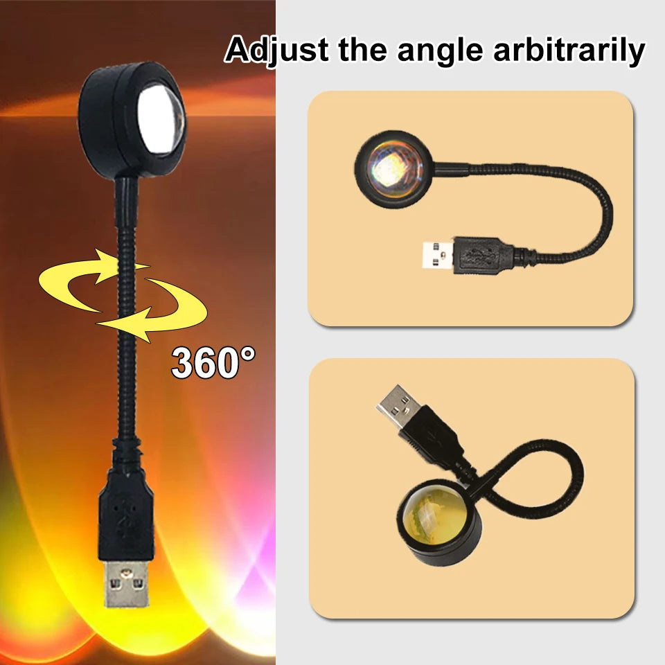 Lámpara de proyección USB de atardecer, luz nocturna de ambiente arcoíris, luz de atardecer para fotografía, selfis, cafeterías, decoración de paredes en vivo