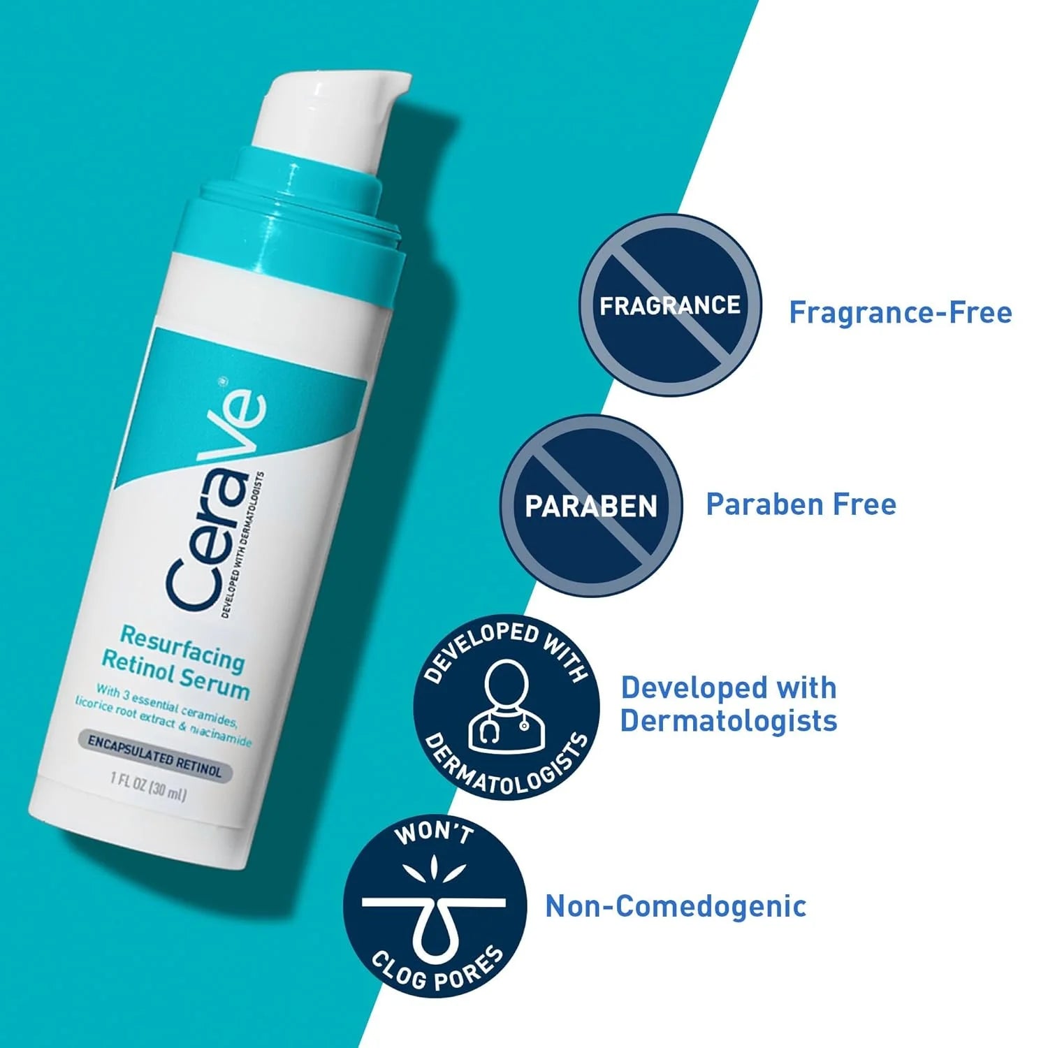 CeraVe Sérum con Retinol Niacinamida Raíz de Regaliz, Cuidado Suavizante del Tono de la Piel, Reparación de la Barrera Cutánea, No Comedogénico Para Pieles con Tendencia a Imperfecciones