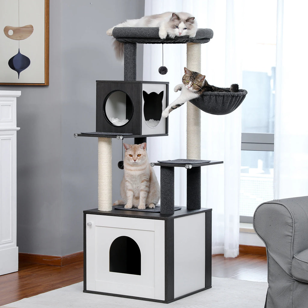 Árbol para Gatos de Varios Niveles, Torre de Madera para Gatos de Interior con Rascadores, Amplio Condominio, Hamaca, Plataforma Superior y Rascador para Gatos, Juguetes para Gatos
