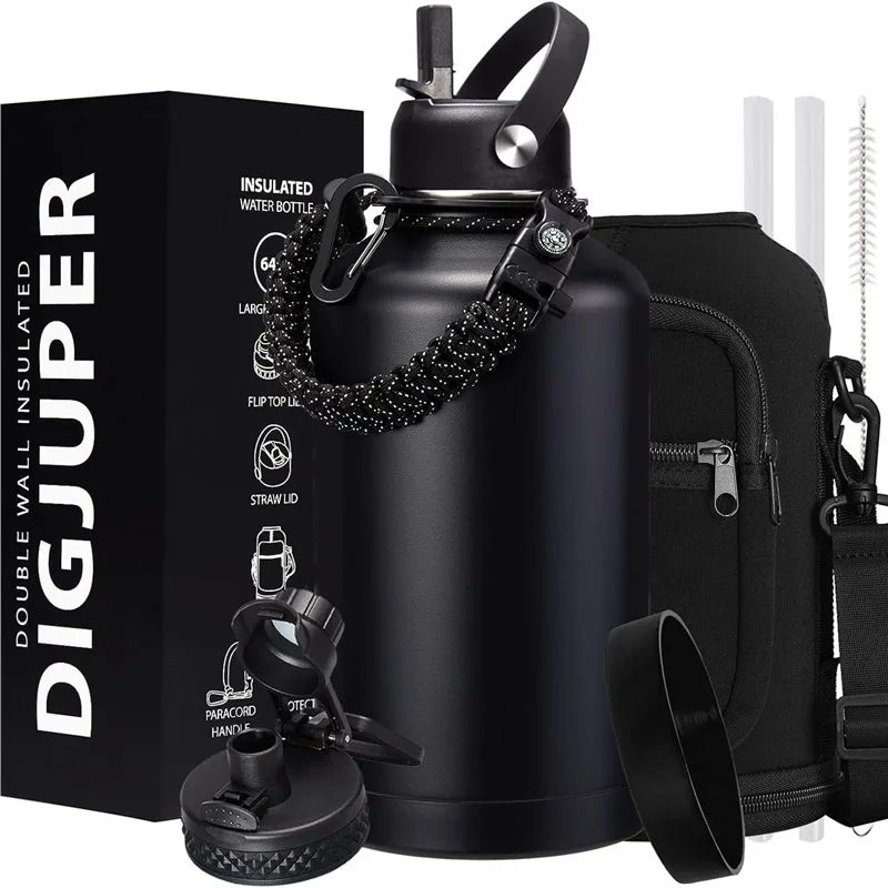 Juego de botella de agua deportiva de acero grande de 64 oz (2 L), termo de doble pared con aislamiento y bolsa