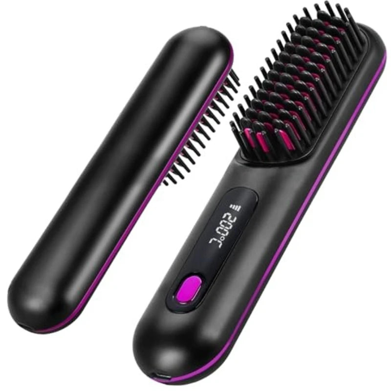 Sunny Hair: Upgrade Portable Straightener Brushs for Travel with LCD Temperature Display Fast Heating Cordless Mini Hair Brushs for Women